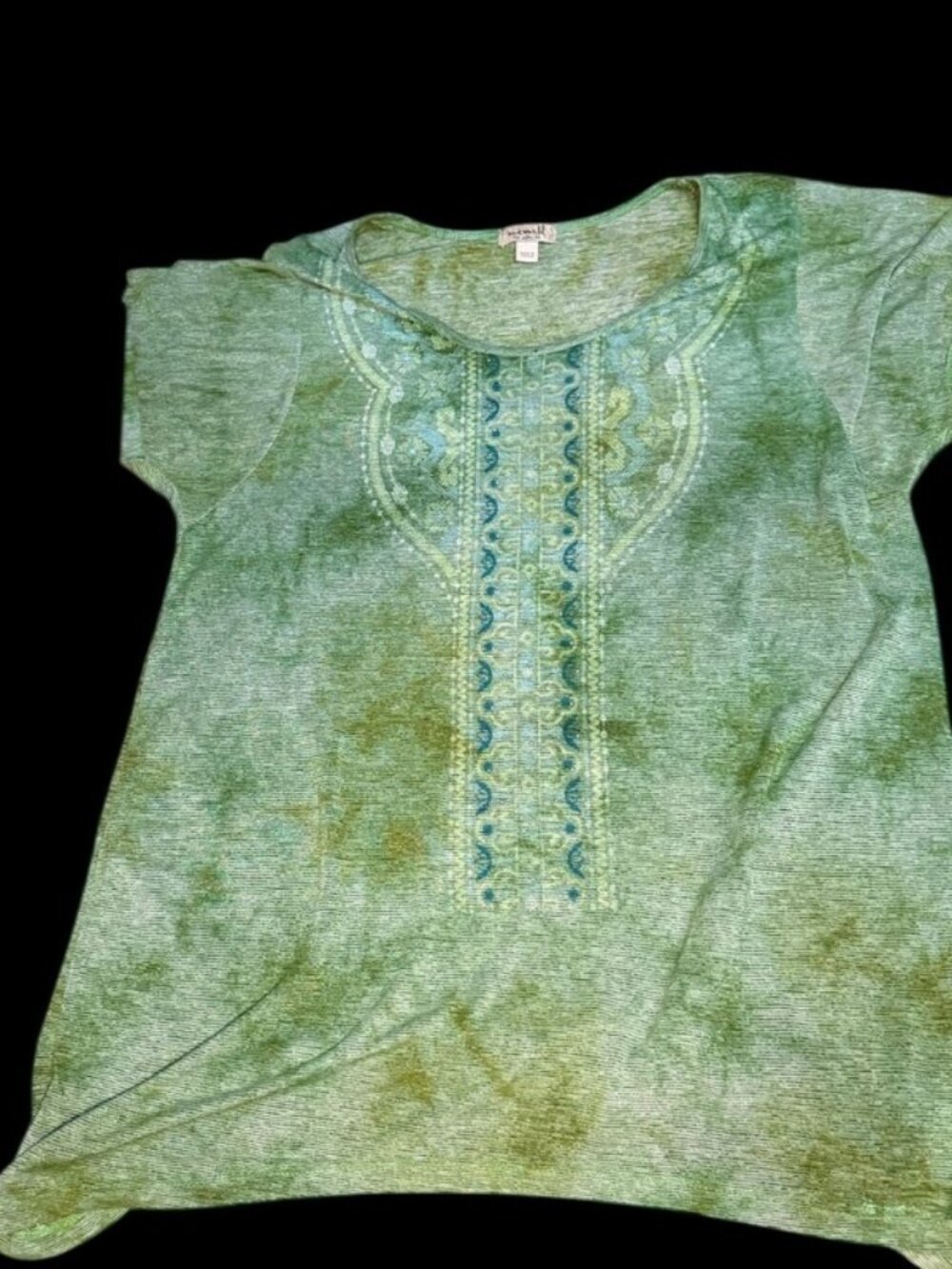 One World Women's Large Green Tie Dye Short Sleeve Scoop Neck Boho Top